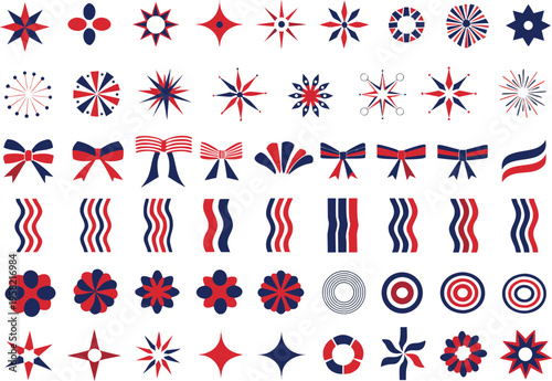 Collection of patriotic red and blue graphic design elements featuring stars ribbons and shapes Vector