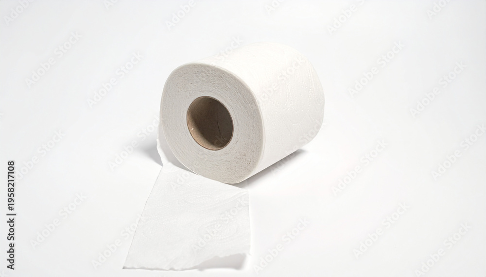 Fototapeta premium White toilet paper roll with a torn sheet on a bright white background