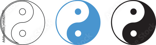 Three yin yang symbols in different colors on a white background