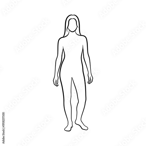 Minimalist line drawing of a human figure standing upright, full body view, neutral pose, white background