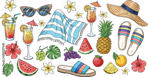 Summer beach vacation vector set with tropical fruits cocktails sunglasses hat towel sandals and floral elements colorful hand drawn illustration collection