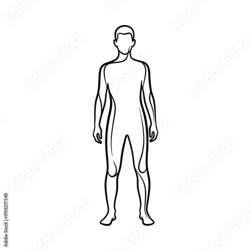 Minimalist line drawing of a human figure standing upright, full body view, neutral pose, white background