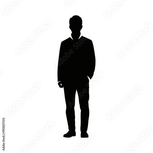 Silhouette of a man standing confidently with hands in pockets, full body shot on white background