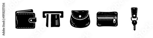 Wallet, Keychain and Key Monochrome Icon Set. High quality stock illustration with clear subject focus, cohesive composition, and versatile commercial applicability across branding, editorial.