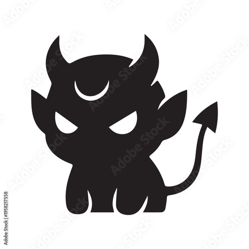 Cute Little Devil Silhouette Icon - Black Demon Character with Horns and Tail for Halloween and Graphic Design
