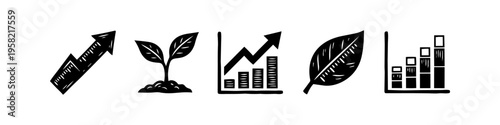 Arrow, Plant and Chart Monochrome Icon Set. High quality stock illustration with clear subject focus, cohesive composition, and versatile commercial applicability across branding, editorial.