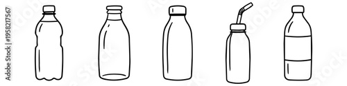 Bottle, Straw and Water Monochrome Icon Set. High quality stock illustration with clear subject focus, cohesive composition, and versatile commercial applicability across branding, editorial.