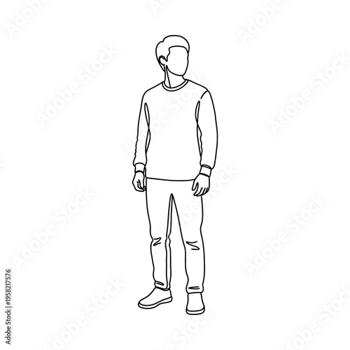 Line drawing of a young man standing casually in a relaxed pose, wearing a sweater and jeans