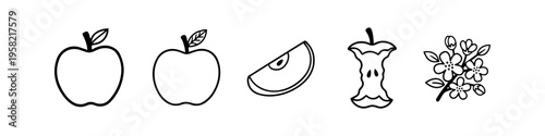 Apple, Apple Slice and Apple Core Monochrome Icon Set. High quality stock illustration with clear subject focus, cohesive composition, and versatile commercial applicability across branding.