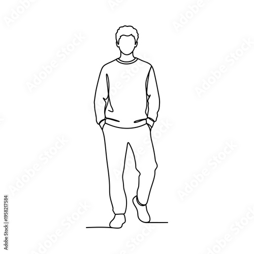 Line drawing of a man standing confidently with hands in pockets, casual attire, minimalist style