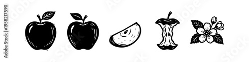 Distinct apple and leaf set in outline style. Apple, Leaf and Slice Monochrome Icon Set. High quality stock illustration with clear subject focus, cohesive composition, and versatile commercial.