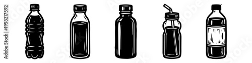 Distinct bottle and cap set in outline style. Bottle, Cap and Straw Monochrome Icon Set. High quality stock illustration with clear subject focus, cohesive composition, and versatile commercial.