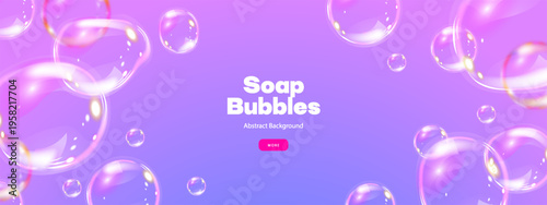 Realistic flying soap bubbles. Glossy volume rounded aqua droplet. 3D glass liquid shape with holographic effect. 3D vector illustration.
