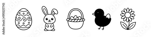 Curated including and line icon icon pack in outline style. Variant focused on flower and easter in outline style. Alternative basket and chick collection in outline style. Distinct egg and bunny set.