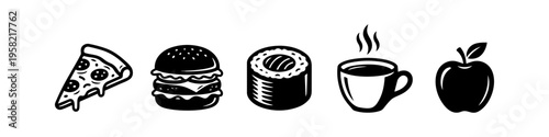 Pizza Slice, Hamburger and Sushi Roll Monochrome Icon Set. High quality stock illustration with clear subject focus, cohesive composition, and versatile commercial applicability across branding.