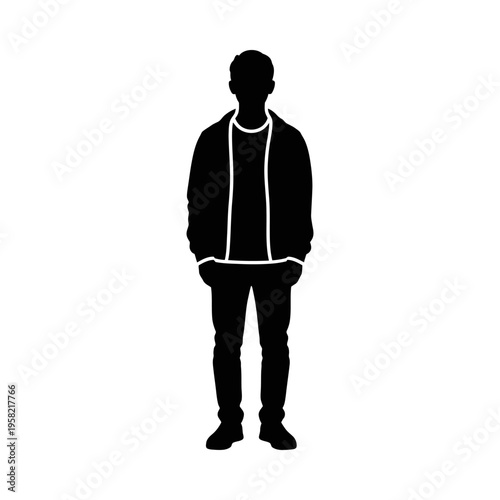 Silhouette of a young man standing confidently with hands in pockets, casual attire, isolated on white background