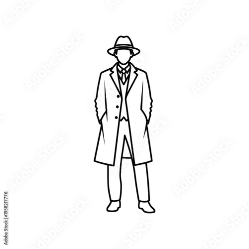Illustration of a man in a long coat, hat, and glasses standing confidently with hands in pockets