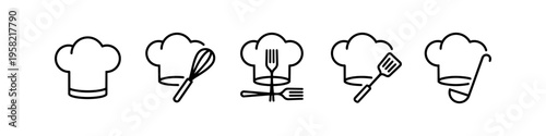 Chef Hat, Whisk and Fork Monochrome Icon Set. High quality stock illustration with clear subject focus, cohesive composition, and versatile commercial applicability across branding, editorial.