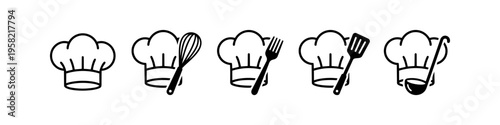 Distinct chef hat and whisk set in outline style. Chef Hats With Kitchen Tools. High quality stock illustration with clear subject focus, cohesive composition, and versatile commercial applicability.