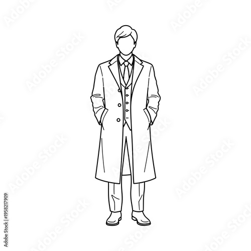 Elegant man in a long coat and vest standing confidently, full body illustration
