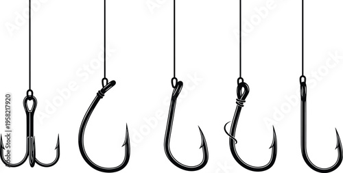 Fishing hook silhouettes with treble hook, wide gap hook, J hook, knot tied hook, long shank hook, angling gear illustration