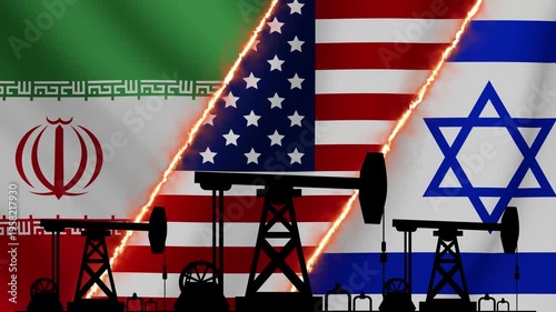Drilling rigs in the background of the US flag of Iran and Israel. The concept of rising oil prices. 4K