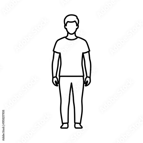 Minimalist line drawing of a man standing upright with hands by his sides, wearing a t-shirt and pants