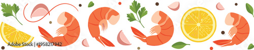 Seamless shrimp pattern vector with lemon slices herbs garlic and spices fresh seafood repeat design for kitchen textile and packaging background