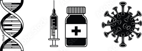 DNA helix, syringe, medicine vial, virus icon illustration, healthcare vaccination artwork, genetic science design, medical treatment concept, public health awareness inspiration