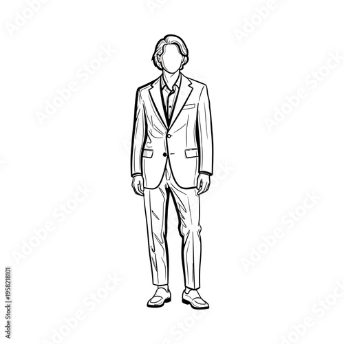 Elegant man in a suit standing confidently, full body illustration with a professional and sophisticated mood.