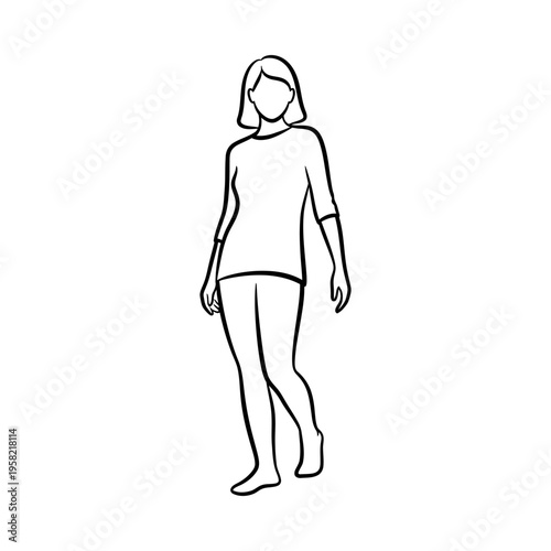 Simple line drawing of a woman standing with hands at sides, minimalist illustration style
