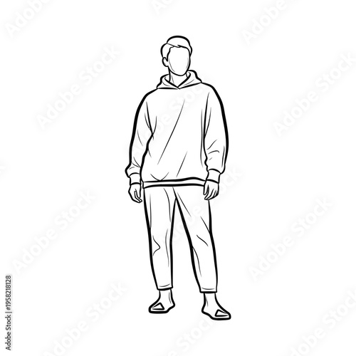 Minimalist line drawing of a man standing in casual attire, hoodie, sweatpants, and sneakers