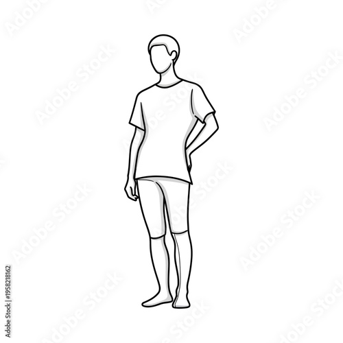 Line art illustration of a young man standing confidently with hands on hips, casual attire