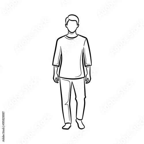 Minimalist line drawing of a man standing, wearing a long-sleeve shirt and pants, neutral mood
