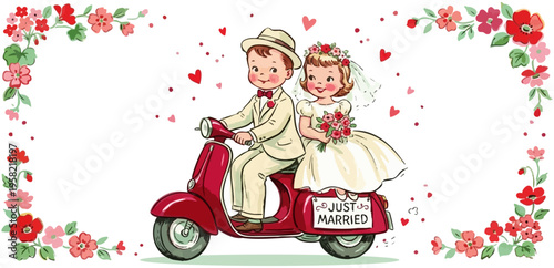 Vintage style wedding couple on red scooter with floral border. Just married illustration of bride and groom on retro moped. Mid-century modern inspired wedding card with hearts and flowers