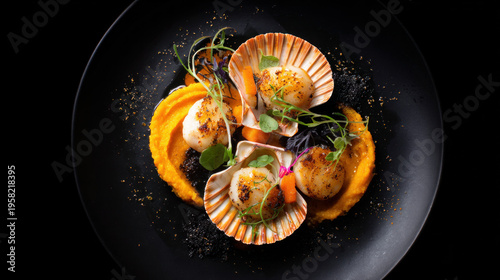 Dark photo of a fine dining dish with scallops in their shell and roasted squash purée. Black background with studio professional lighting in a top view, flat lay. Stylish gourmet plating.