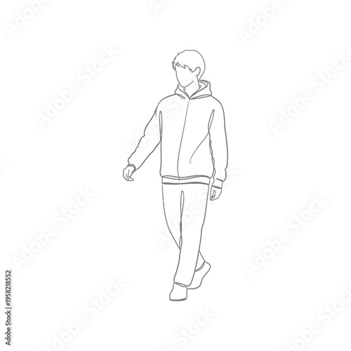 Line drawing of a young man walking casually in a hoodie and jeans, relaxed and carefree mood