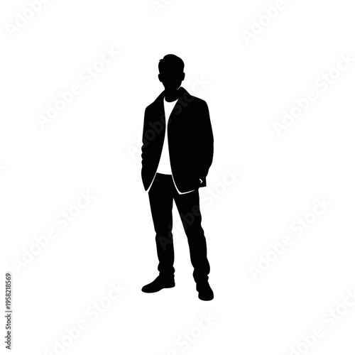 Silhouette of a man standing confidently with hands in pockets, casual attire, white background
