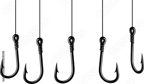 Fishing hooks hanging vertically silhouette, sharp curved barbed points, angling gear illustration, fishing tackle design, outdoor sport equipment, monochrome decorative artwork inspiration