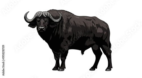 Illustration of a large black bull with curved horns standing strong