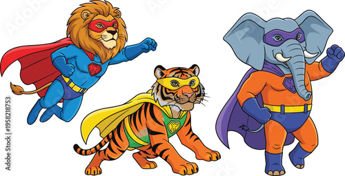 Superhero animal characters vector illustration with lion tiger and elephant in comic costumes powerful fantasy heroes in colorful cartoon style design