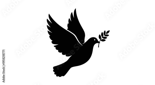 Black silhouette of a flying dove holding an olive branch in its beak
