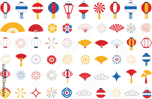 Collection of traditional east asian decorative elements including paper lanterns and folding fans Vector