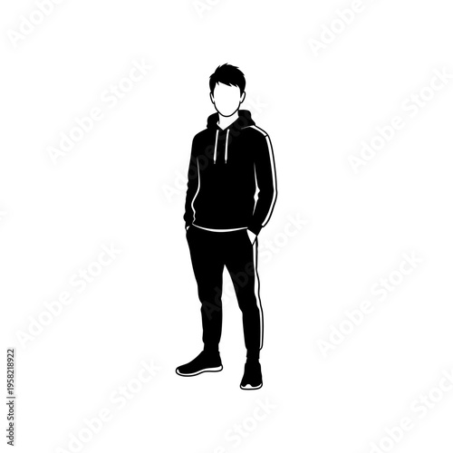 Silhouette of a young man standing confidently in a black hoodie and pants against a white background