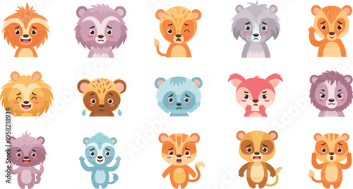 Cute baby animals vector set with lion tiger bear and monkey faces adorable cartoon characters with different emotions colorful illustration collection