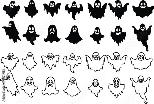 Doodle cute ghosts Halloween great collection. Simple spooky character. Scary ghostly monsters.