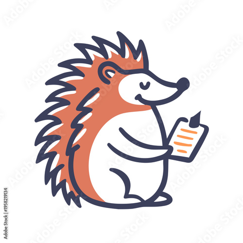 Cartoon hedgehog with notebook, an adorable animal character holding small notebook and pen, ready for jotting down ideas or tasks. Charming hedgehog with notebook concept for educational content.