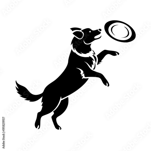 Active border collie frisbee jump captured in dynamic black silhouette, showcasing athletic dog catching flying disc in midair. Playful border collie frisbee performance, ideal for pet training.