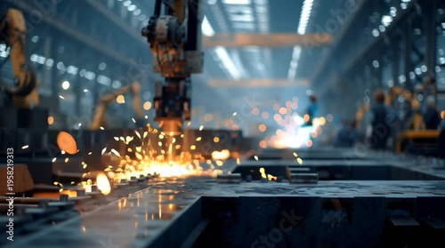 Ultra-realistic industrial stock video, close-up robotic welding arms operating large steel ship hulls, intense orange sparks flying, steam smoke subtly rising blurring massive shipyard cranes workers