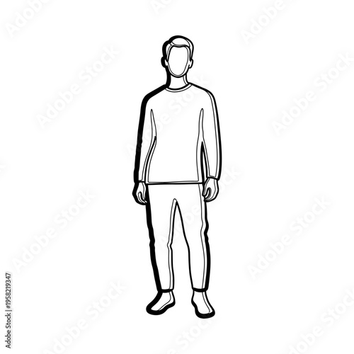 Full body illustration of a man standing with hands by his sides, wearing a sweater and pants